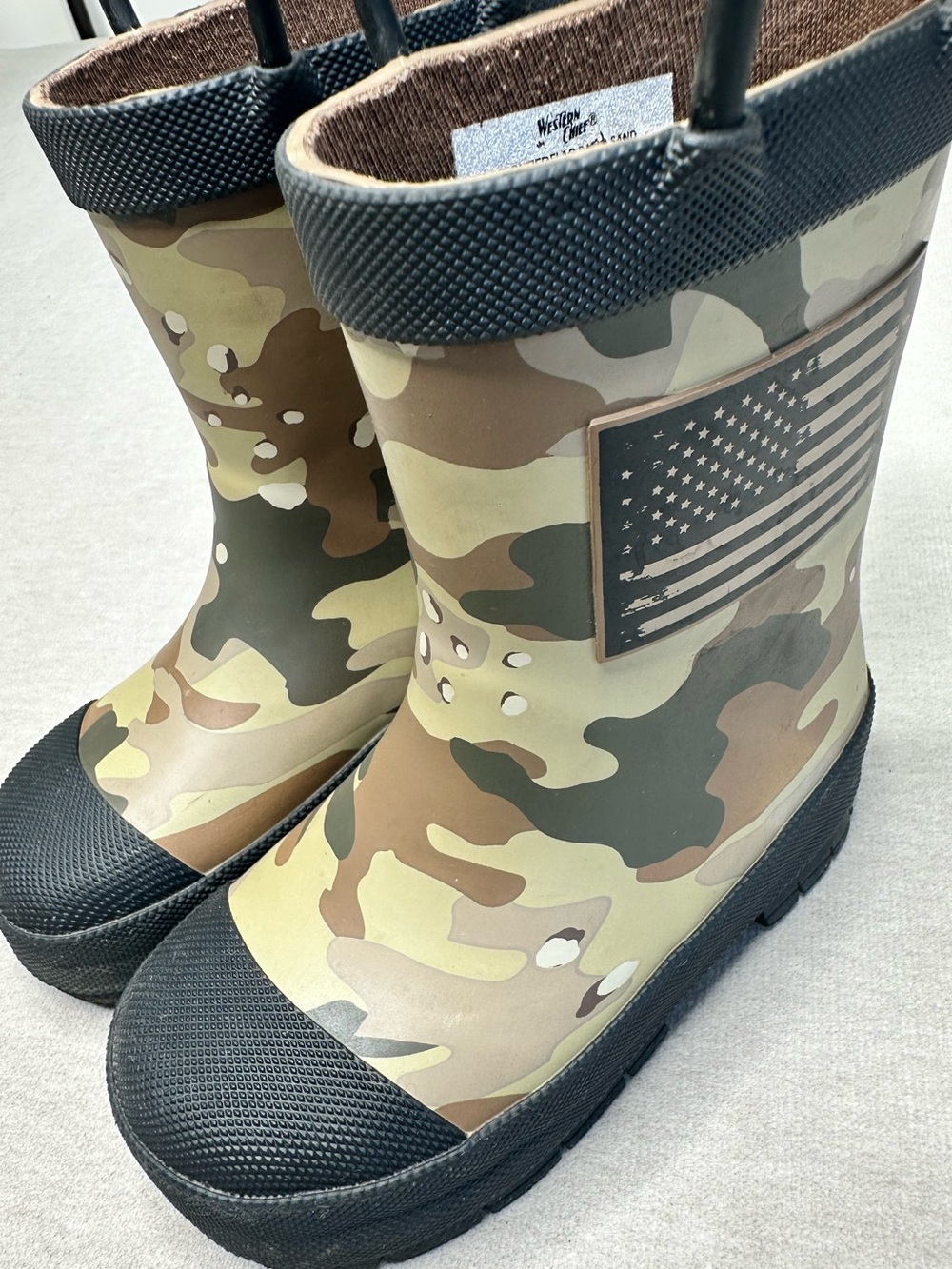 Western Chief Boys Camo Rain Boots with American Flag Patch